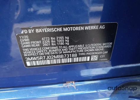 2021 BMW 330I xDrive z USA, uszkodzony, nr VIN 3MW5R7J02M8B73188
